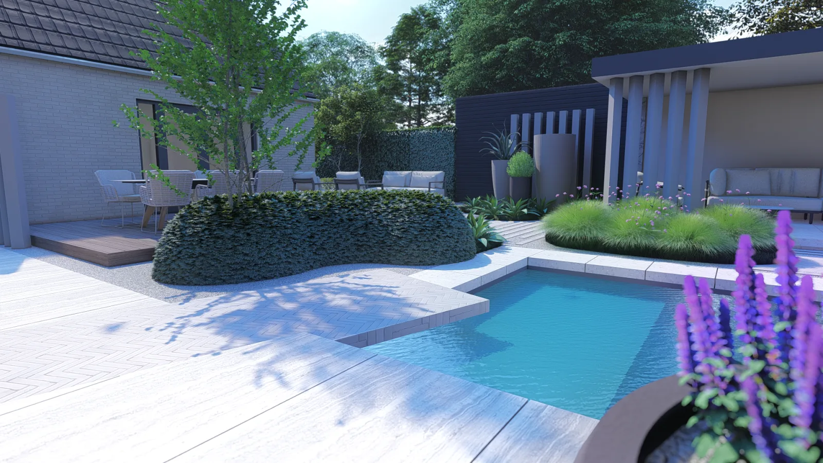 Strak vormgegeven tuin met terras en borders, ontworpen voor een woning in Arnhem